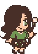 a chibi pixel art drawing of my OC, Rosemary! she has long brown hair covering one of her eyes, a green sweater, a skirt with small flowers on it, and a staff at her side.